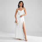 Maxikleid für Damen in A-Linie mit Wasserfallausschnitt aus Satin Weiß 3
