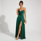 Maxikleid für Damen in A-Linie mit Wasserfallausschnitt aus Satin Grün 5