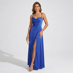 Maxikleid für Damen in A-Linie mit Wasserfallausschnitt aus Satin Blau 6