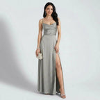 Maxikleid für Damen in A-Linie mit Wasserfallausschnitt aus Satin Grau 7