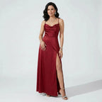 Maxikleid für Damen in A-Linie mit Wasserfallausschnitt aus Satin Dunkelrot 9
