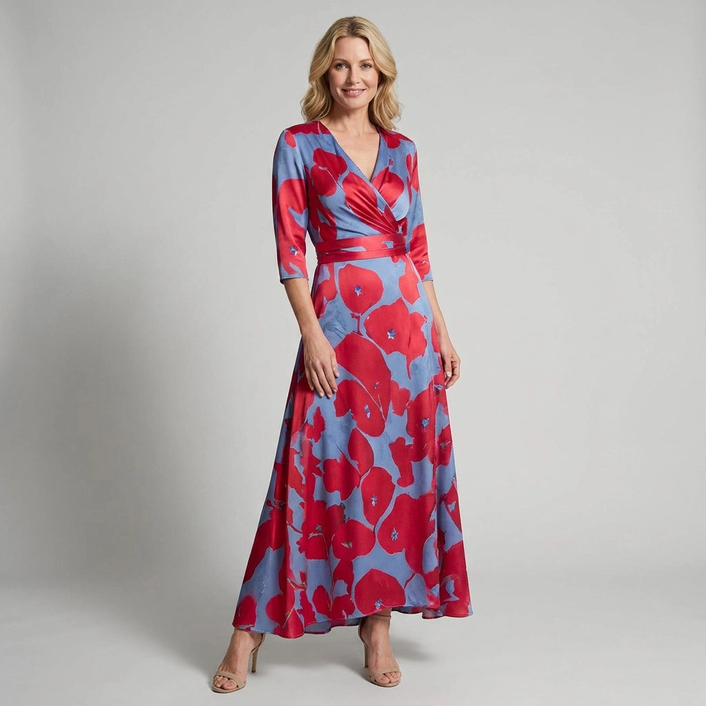 Maxikleid in Blumenprint mit Wickeloptik und 3/4 Ärmeln