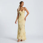 Maxikleid für Damen in bodenlanger Form mit floralen Applikationen für Hochzeitsgäste Gelb 11