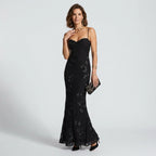 Maxikleid für Damen in bodenlanger Form mit floralen Applikationen für Hochzeitsgäste Schwarz 2
