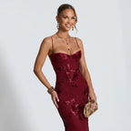 Maxikleid für Damen in bodenlanger Form mit floralen Applikationen für Hochzeitsgäste Bordeaux 3