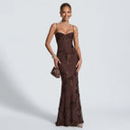 Maxikleid für Damen in bodenlanger Form mit floralen Applikationen für Hochzeitsgäste Braun 4
