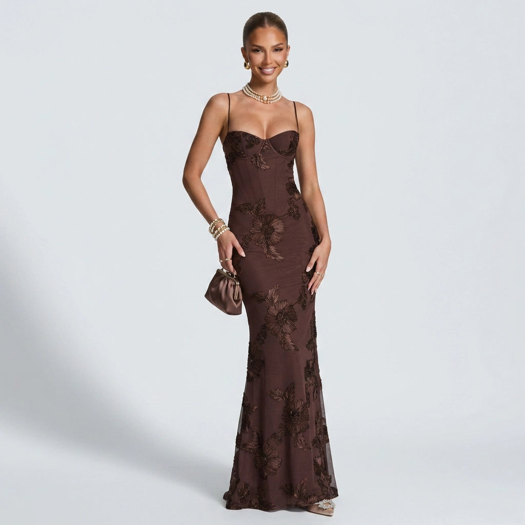 Maxikleid für Damen in bodenlanger Form mit floralen Applikationen für Hochzeitsgäste Braun 4