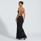 Maxikleid für Damen in bodenlanger Form mit floralen Applikationen für Hochzeitsgäste Schwarz 7