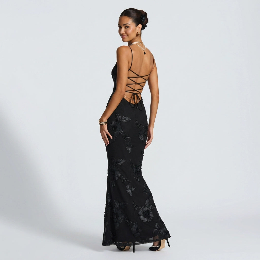 Maxikleid für Damen in bodenlanger Form mit floralen Applikationen für Hochzeitsgäste Schwarz 7