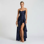 Maxikleid für Damen in bodenlanger Form mit Wasserfallausschnitt im eleganten Stil Dunkelblau 1