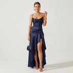 Maxikleid für Damen in bodenlanger Form mit Wasserfallausschnitt im eleganten Stil Dunkelblau 11