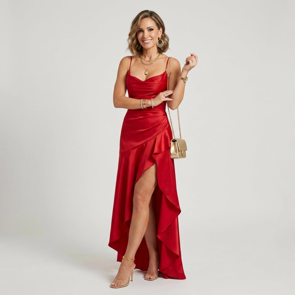 Maxikleid für Damen in bodenlanger Form mit Wasserfallausschnitt im eleganten Stil Rot 2