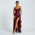 Maxikleid für Damen in bodenlanger Form mit Wasserfallausschnitt im eleganten Stil Dunkelrot 4
