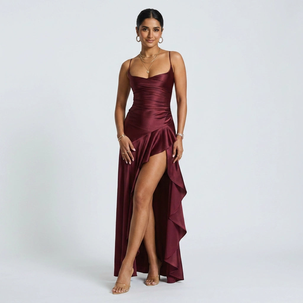 Maxikleid für Damen in bodenlanger Form mit Wasserfallausschnitt im eleganten Stil Dunkelrot 4