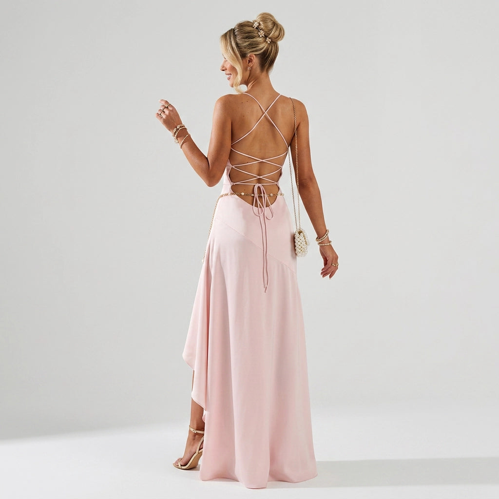 Maxikleid für Damen in bodenlanger Form mit Wasserfallausschnitt im eleganten Stil Rosa 5
