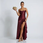 Maxikleid für Damen in bodenlanger Form mit Wasserfallausschnitt im eleganten Stil Dunkelrot 8