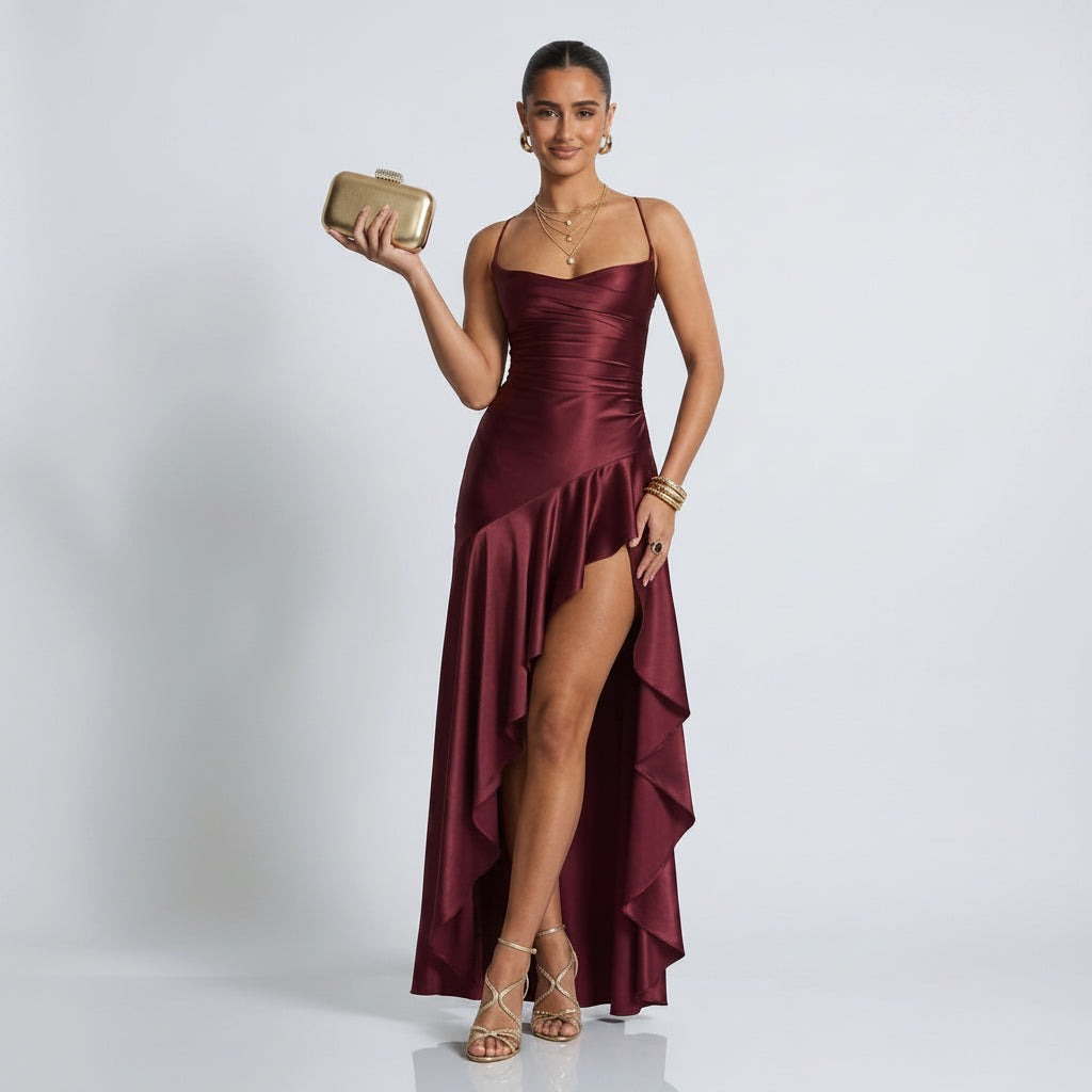 Maxikleid für Damen in bodenlanger Form mit Wasserfallausschnitt im eleganten Stil Dunkelrot 8