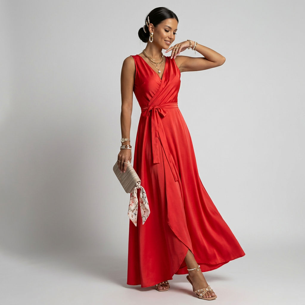 Maxikleid für Damen in bodenlanger Form mit Wickeloptik ärmellos Rot 1