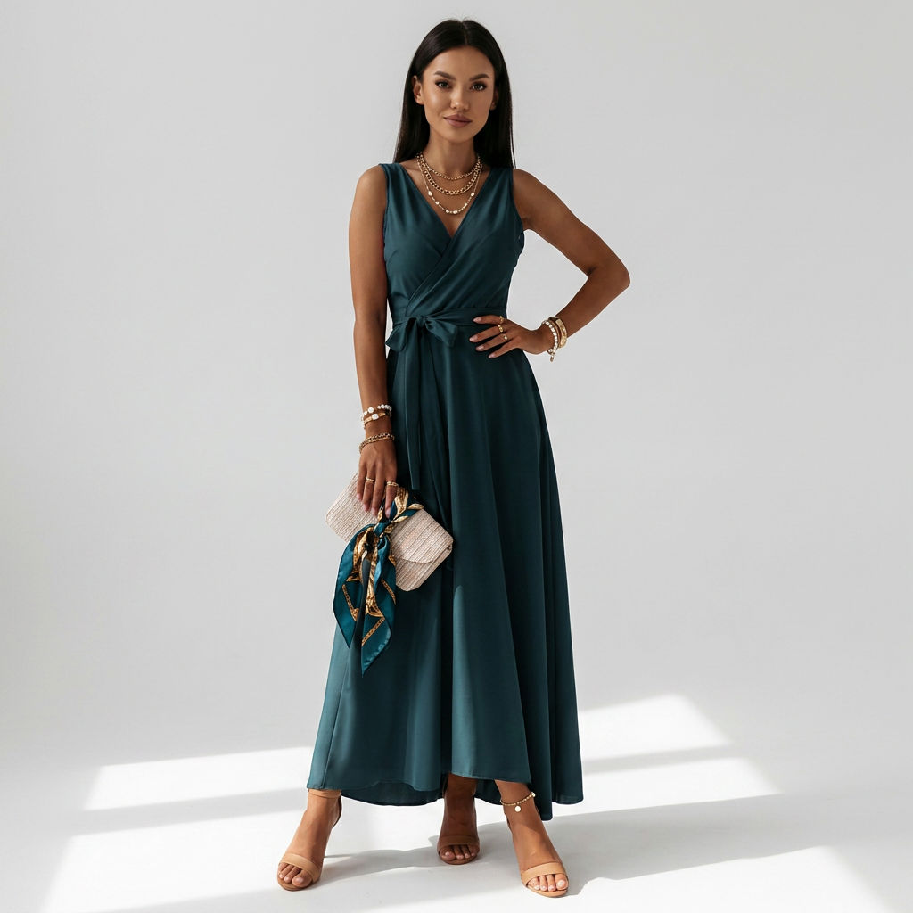 Maxikleid für Damen in bodenlanger Form mit Wickeloptik ärmellos 11