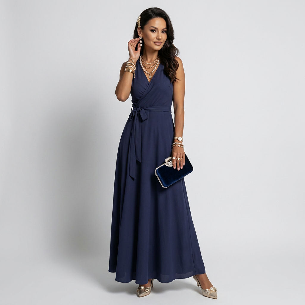 Maxikleid für Damen in bodenlanger Form mit Wickeloptik ärmellos 2