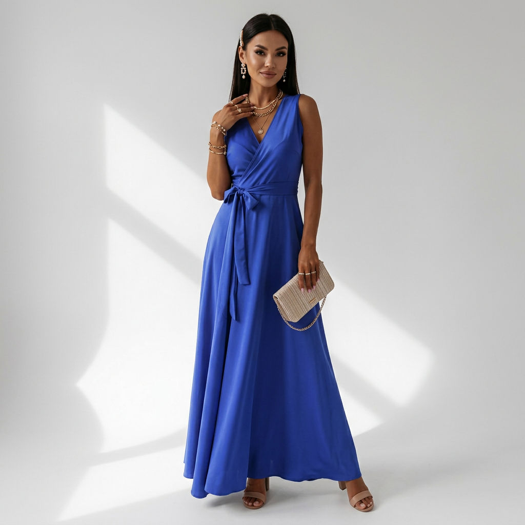 Maxikleid für Damen in bodenlanger Form mit Wickeloptik ärmellos 3
