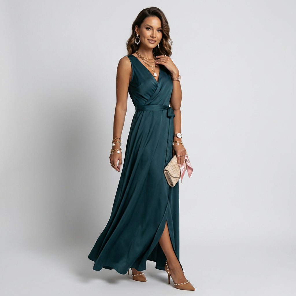 Maxikleid für Damen in bodenlanger Form mit Wickeloptik ärmellos Grün 5