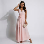 Maxikleid für Damen in bodenlanger Form mit Wickeloptik ärmellos Rosa 6