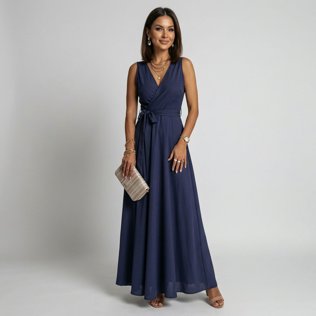 Maxikleid für Damen in bodenlanger Form mit Wickeloptik ärmellos 8