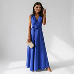 Maxikleid für Damen in bodenlanger Form mit Wickeloptik ärmellos Blau 9