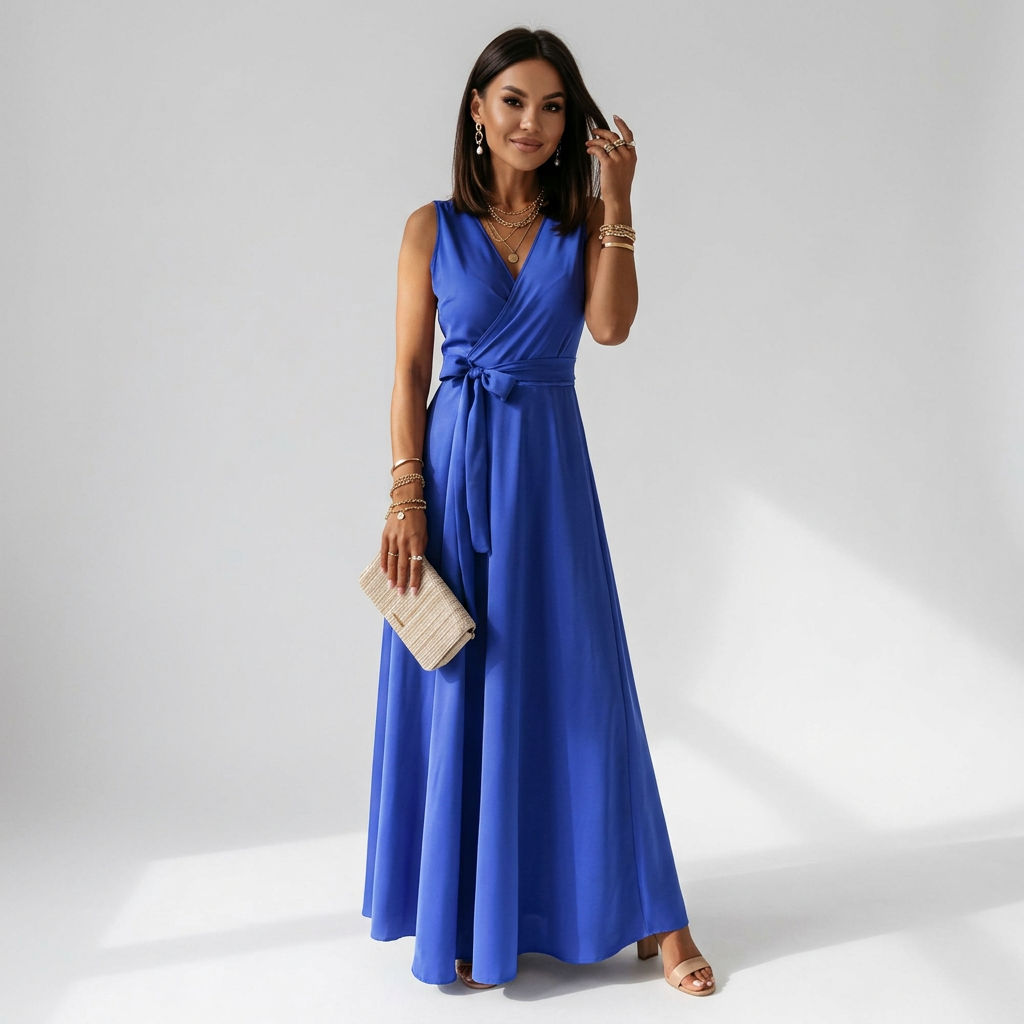 Maxikleid für Damen in bodenlanger Form mit Wickeloptik ärmellos Blau 9