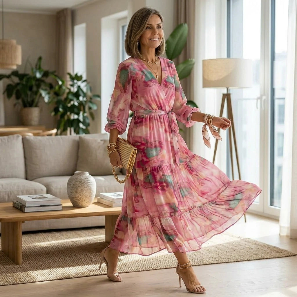 Maxikleid für Damen in Wickeloptik elegant extra lang Rosa 1