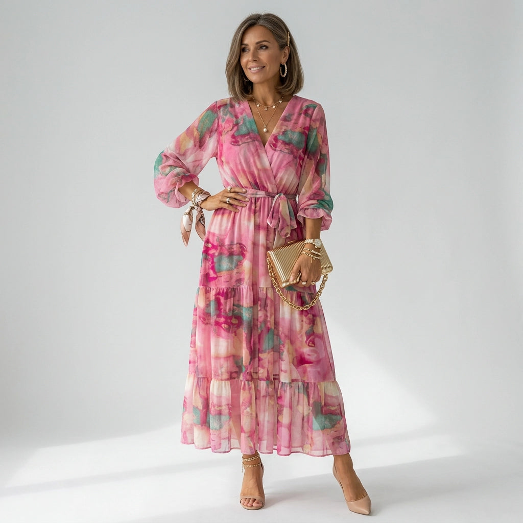Maxikleid für Damen in Wickeloptik elegant extra lang Rosa 2