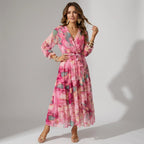 Maxikleid für Damen in Wickeloptik elegant extra lang Rosa 5