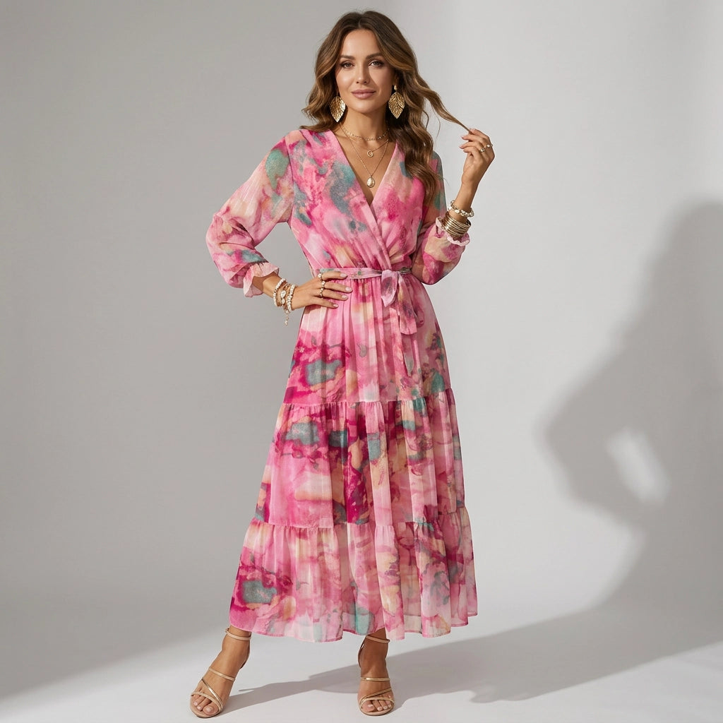 Maxikleid für Damen in Wickeloptik elegant extra lang Rosa 5