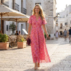Maxikleid für Damen mit Blumenprint in taillierter Form mit Kurzarm Rot 1