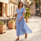 Maxikleid für Damen mit Blumenprint in taillierter Form mit Kurzarm Blau 3