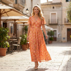 Maxikleid für Damen mit Blumenprint in taillierter Form mit Kurzarm Orange 4