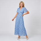 Maxikleid für Damen mit Blumenprint in taillierter Form mit Kurzarm Blau 6