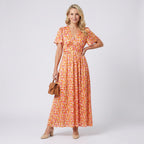 Maxikleid für Damen mit Blumenprint in taillierter Form mit Kurzarm Orange 7