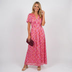 Maxikleid für Damen mit Blumenprint in taillierter Form mit Kurzarm Rot 8