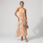 Maxikleid für Damen mit Neckholder aus Chiffon in ärmelloser Form Orange 1