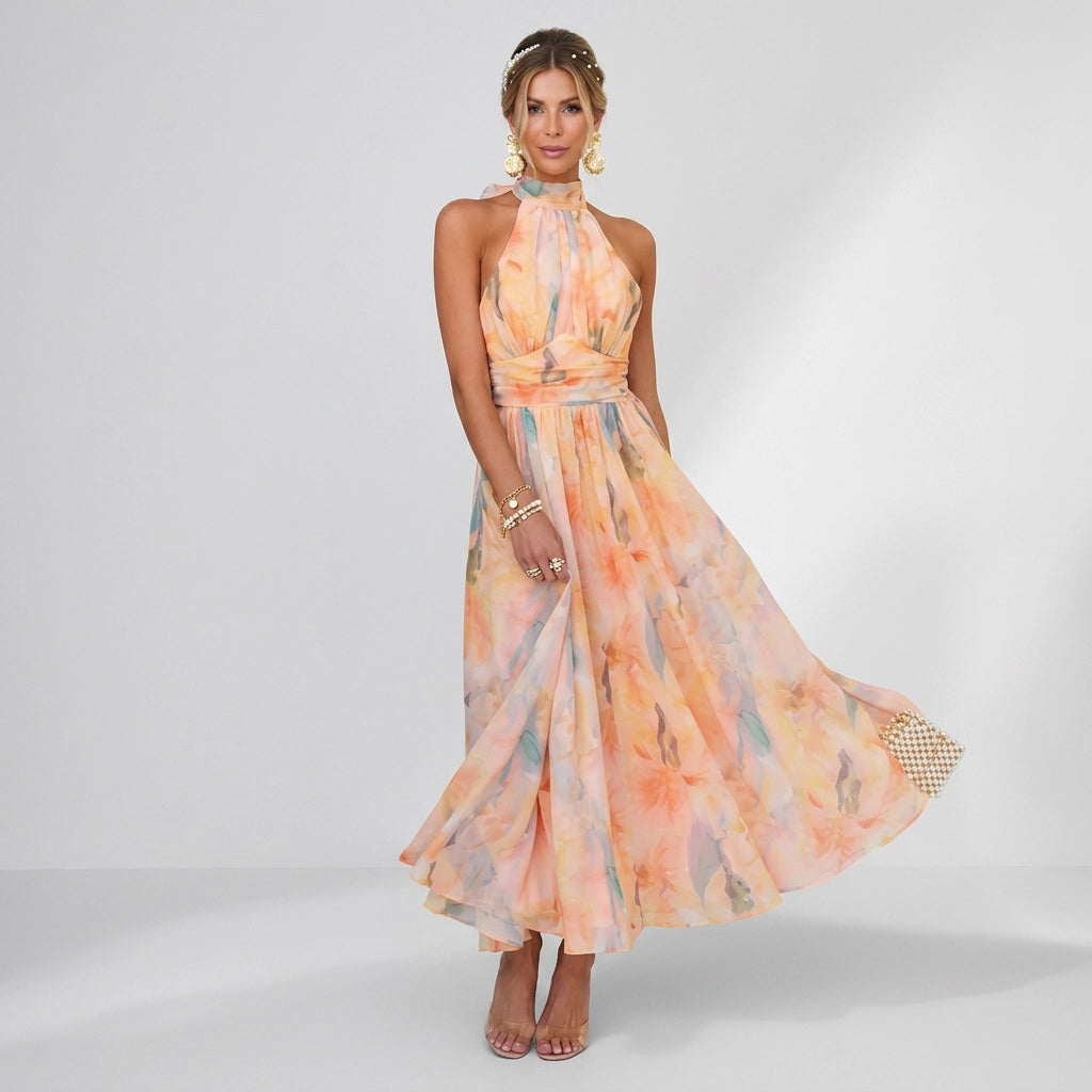 Maxikleid für Damen mit Neckholder aus Chiffon in ärmelloser Form Orange 2