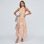 Maxikleid für Damen mit Neckholder aus Chiffon in ärmelloser Form Orange 3