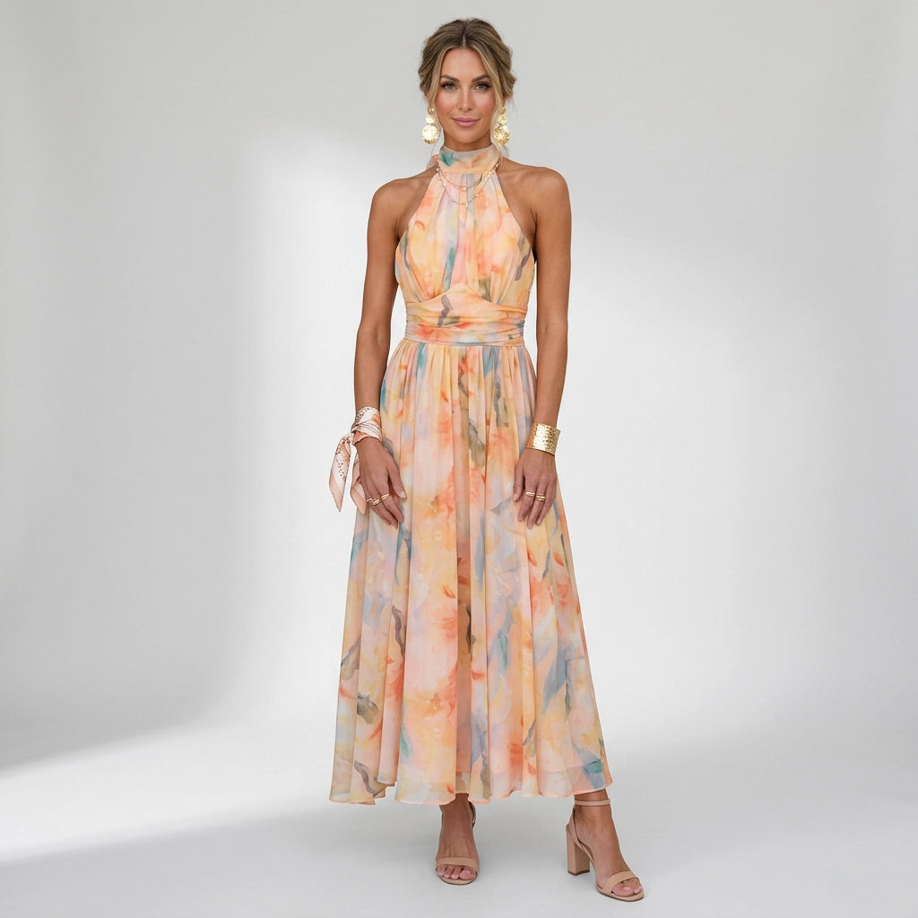 Maxikleid für Damen mit Neckholder aus Chiffon in ärmelloser Form Orange 4