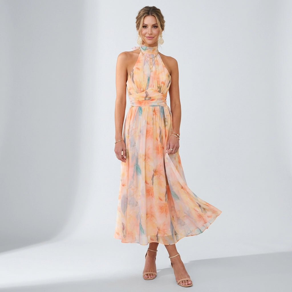 Maxikleid für Damen mit Neckholder aus Chiffon in ärmelloser Form Orange 5