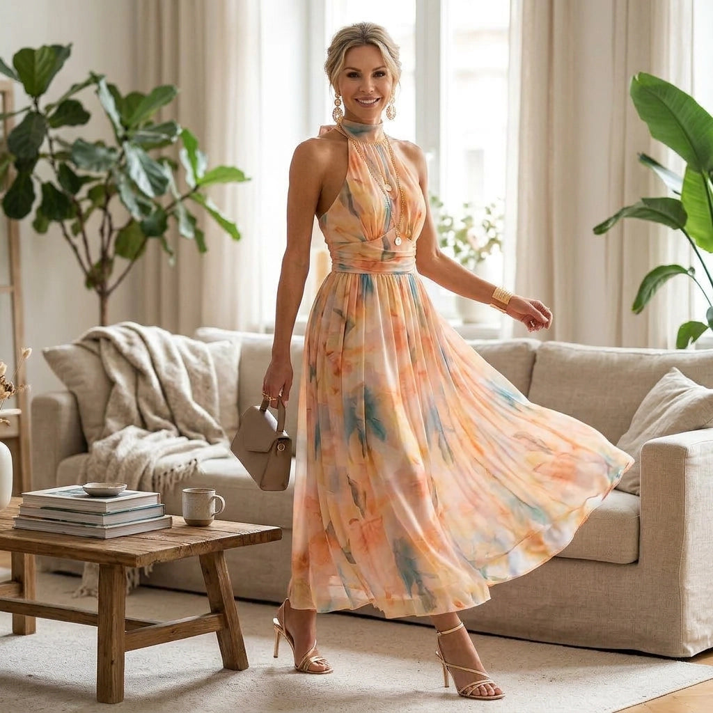 Maxikleid für Damen mit Neckholder aus Chiffon in ärmelloser Form 8