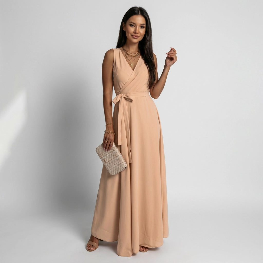 Maxikleid für Damen mit Wickeloptik für Hochzeitsgäste Beige 4