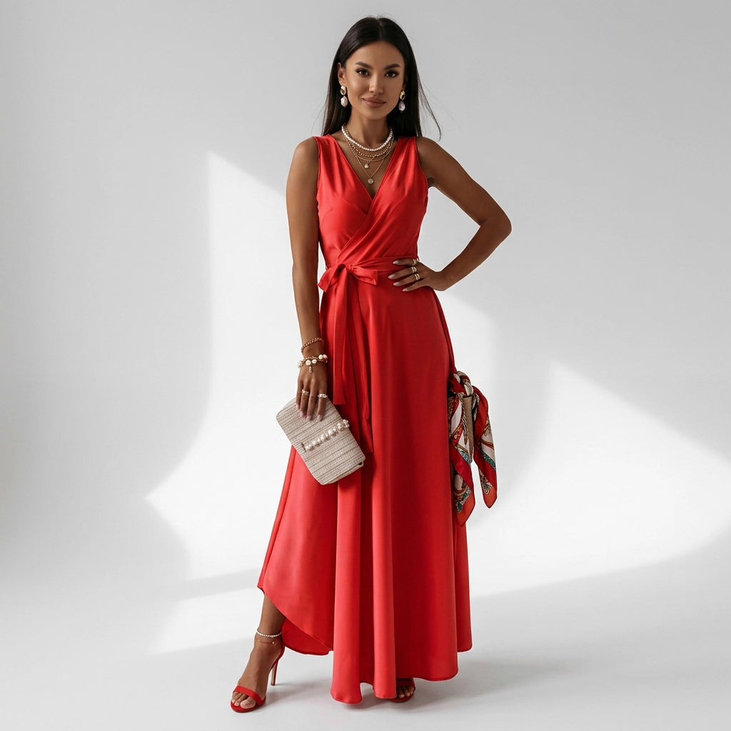 Maxikleid für Damen mit Wickeloptik für Hochzeitsgäste Rot 6