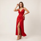 Maxikleid für Damen mit Wickeloptik in ärmelloser Form aus Satin Rot 4