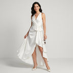 Maxikleid für Damen mit Wickeloptik mit Bindegürtel aus Satin Weiß 3